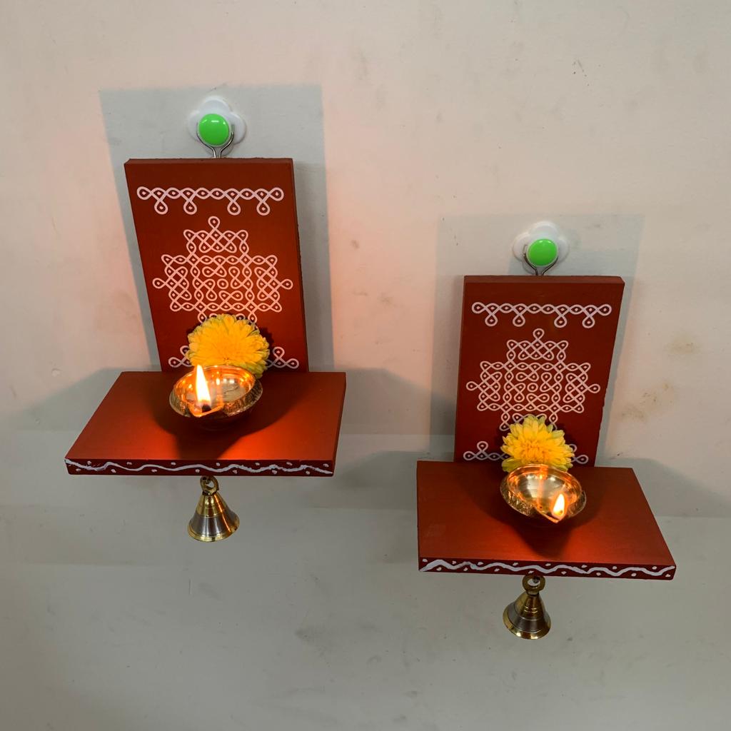 Wooden Kolam Wall Shelf Pair, Vilakku madam - VM6