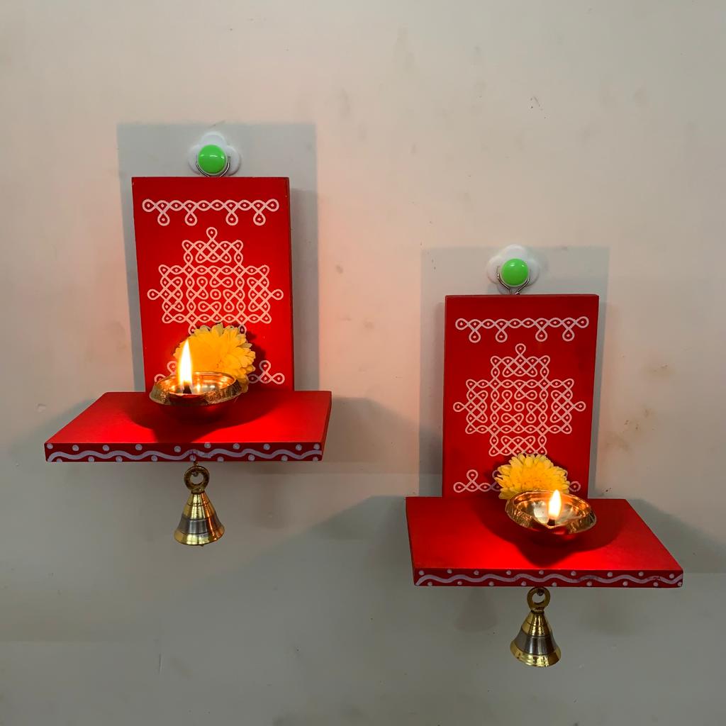 Wooden Kolam Wall Shelf Pair, Vilakku madam - VM8