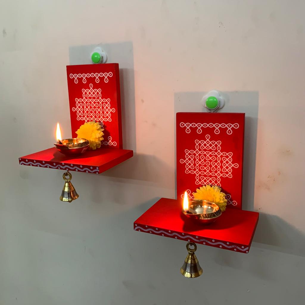 Wooden Kolam Wall Shelf Pair, Vilakku madam - VM8