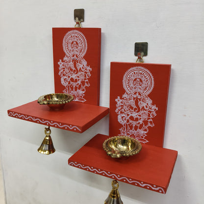 Wooden Ganesha Kolam Wall Shelf Pair, Vilakku madam - VMG1